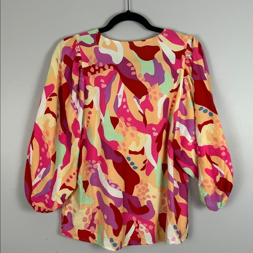 Esqualo Heat Wave Boho Retro Colourful Balloon Sleeve Blouse Size 4 Pink Orange - Picture 13 of 14